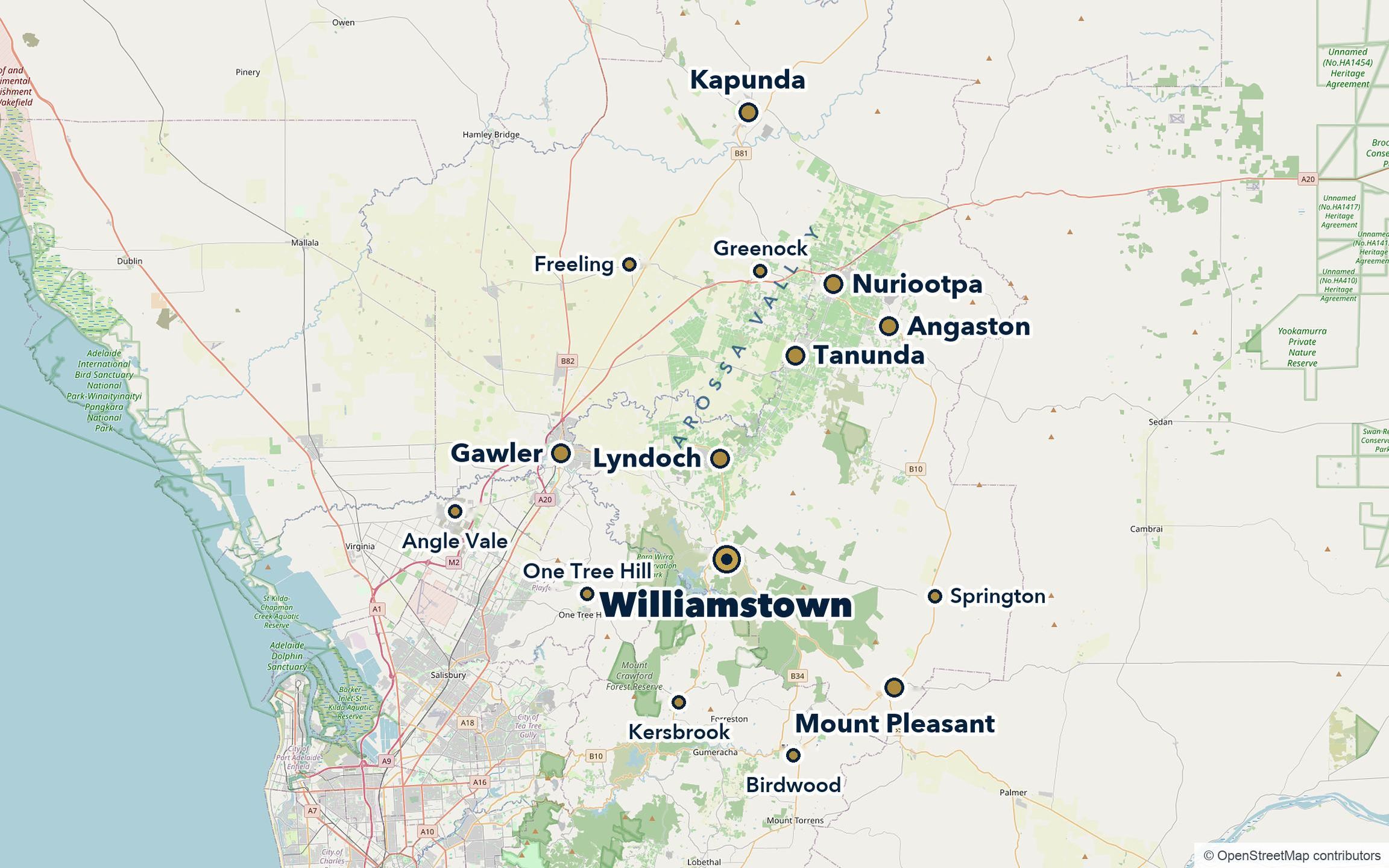 Map of the Piper Plumbing & Gas service area: Williamstown home base, with Lyndoch, Tanunda, Nuriootpa, Angaston, Kapunda, Gawler and Mount Pleasant marked, plus Freeling, Greenock, Angle Vale, One Tree Hill, Kersbrook, Springton and Birdwood, plus Freeling, Greenock, Angle Vale, One Tree Hill, Kersbrook, Springton and Birdwood
