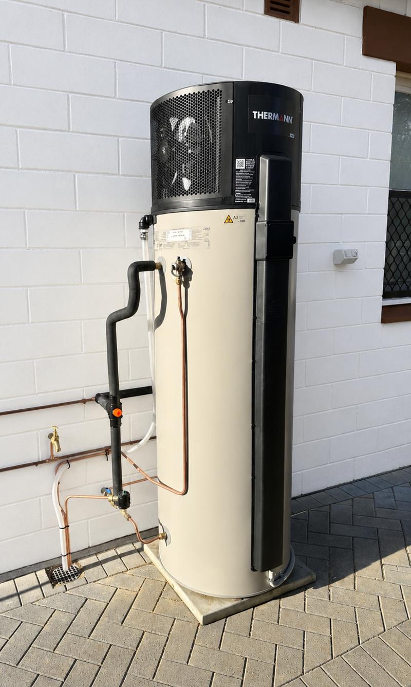 Heat pump hot water system installed beside a house